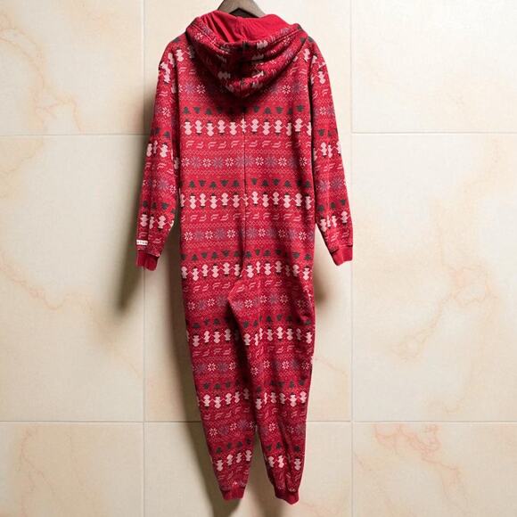 Fabletics‎ Women's Red Fair Isle Cozy Fleece Hooded Jumpsuit Pajama Medium - Picture 3 of 11
